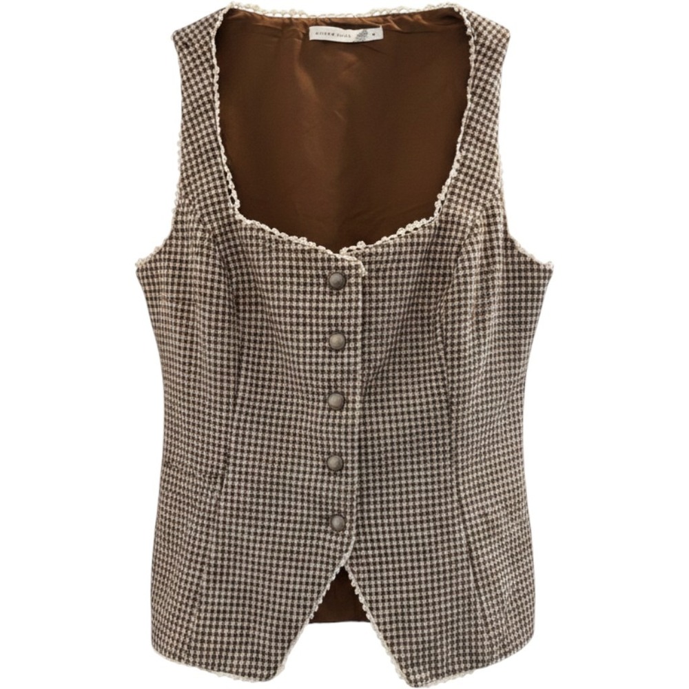 Altar'd State Vest Top Large Brown Houndstooth Lace Trim Button Up Western
